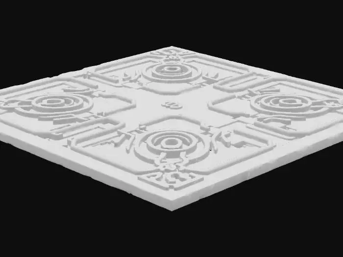 3D model for A floor tile, a dark navy square panel, features a distinct glowing yellow circular pattern centered on its smooth surface. This central element is surrounded by faint, intricate cyan wireframe designs. The tile's texture is perfectly flat and matte, conveying a sturdy yet responsive digital ground, designed to highlight specific zones or interactive elements.