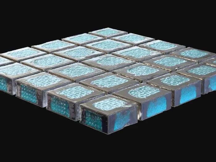 3D model for A floor tile, a perfectly flat square panel, is cast in a dark navy material with a subtle, embedded glowing cyan grid pattern that covers its surface. The texture is smooth and low-friction, indicating a durable, non-slip composite. It feels cool and stable underfoot, providing clear visual guidance through its soft, uniform luminescence.