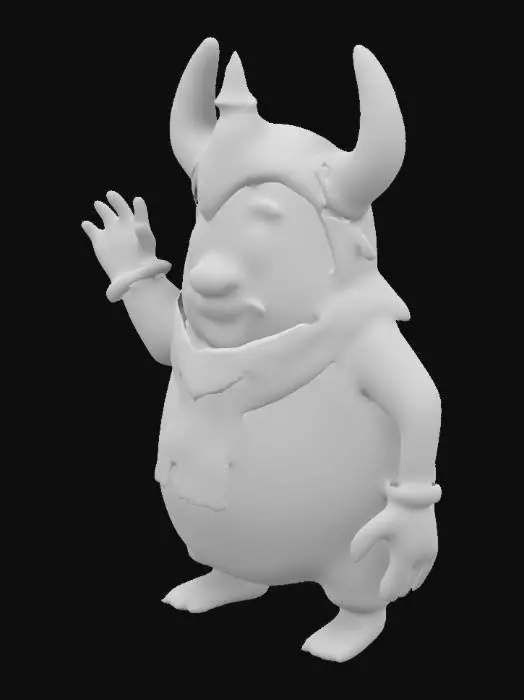 3D model for A simple, Stylized, 3D model of a chibi-style Goron character.
Details:
 Rounded, yellow-orange body with exaggerated cartoon features.
 Unique outfits and accessories like a scarf, horned helmet, or markings.
 Idle pose with expressive gestures, such as waving.
The overall style is reminiscent of a fantasy or action-adventure game similar to The Legend of Zelda.
Stylized, Fantasy, Game Assets, Legend of Zelda, World of Warcraft, League of Legends, Pixar Style, Full Body, A-pose