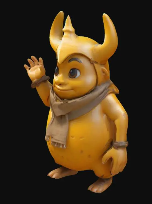 3D model for A simple, Stylized, 3D model of a chibi-style Goron character.
Details:
 Rounded, yellow-orange body with exaggerated cartoon features.
 Unique outfits and accessories like a scarf, horned helmet, or markings.
 Idle pose with expressive gestures, such as waving.
The overall style is reminiscent of a fantasy or action-adventure game similar to The Legend of Zelda.
Stylized, Fantasy, Game Assets, Legend of Zelda, World of Warcraft, League of Legends, Pixar Style, Full Body, A-pose