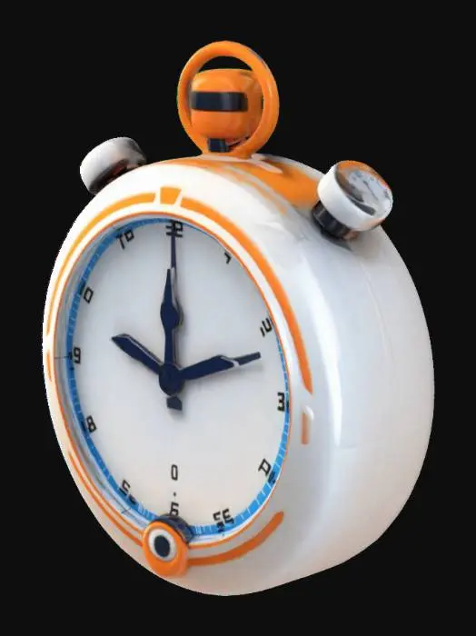 3D model for A stylized 3D model of a chibi-style Magical Stopwatch.
Details:
A round, orange outer casing with smooth edges.
A glossy, white clock face featuring simple black lines to mark time intervals, and minimalistic clock hands pointing at different angles for a dynamic effect.
A blue winding on top.
The overall style is reminiscent of a fantasy or action-adventure game similar to The Legend of Zelda.
Stylized, Fantasy, Game Assets, Legend of Zelda, World of Warcraft, League of Legends, Pixar Style