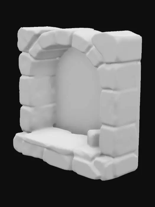 3D model for A stylized 3D model of a chibi-style shadowy wall alcove.
 Recessed section of a stone wall with rough, uneven edges.
 Designed to hold small props like torches or pots.
 Designed to integrate with modular stone walls.
The overall style is reminiscent of a fantasy or action-adventure game similar to The Legend of Zelda.
Stylized, Fantasy, Game Assets, Legend of Zelda, World of Warcraft, League of Legends, Pixar Style