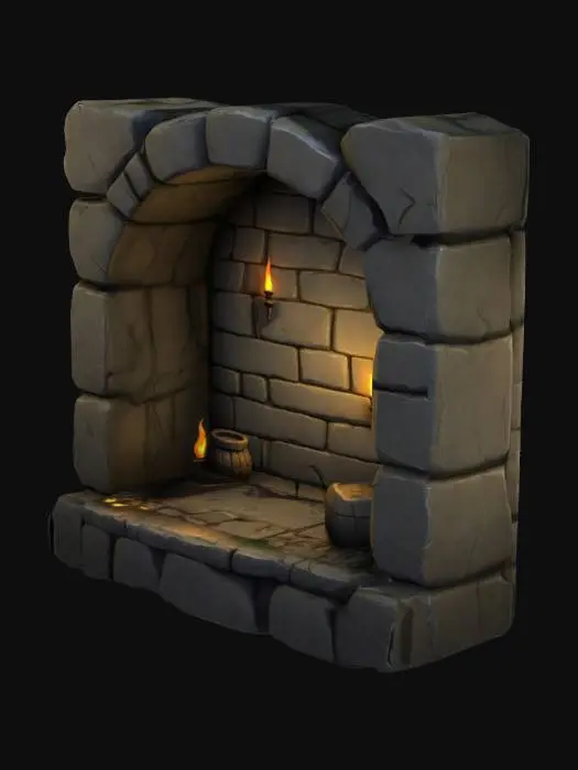 3D model for A stylized 3D model of a chibi-style shadowy wall alcove.
 Recessed section of a stone wall with rough, uneven edges.
 Designed to hold small props like torches or pots.
 Designed to integrate with modular stone walls.
The overall style is reminiscent of a fantasy or action-adventure game similar to The Legend of Zelda.
Stylized, Fantasy, Game Assets, Legend of Zelda, World of Warcraft, League of Legends, Pixar Style