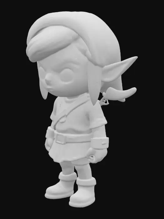 3D model for A cute, stylized character, reminiscent of a chibi Link, stands with a determined, slightly frowning expression. They have pale peach skin, large pointed ears, and vibrant orange hair under a classic green cap. Dressed in a smooth, dark green tunic with a brown belt and square golden buckle, and brown boots. Stylized, Fantasy, Legend of Zelda, League of Legends, World of Warcraft, Clash of Clans
