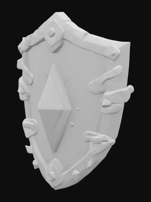 3D model for A stylized 3D model of a beginner shield crafted for a fantasy VR world, designed with chibi-friendly proportions. The shield is shaped like a classic wooden buckler but appears as semi-transparent, fractured digital wood with a dark oak grain rendered in voxel-style segments. Glowing cyan circuit patterns pulse irregularly across the surface, with parts occasionally glitching—flickering, shifting, or momentarily phasing out. The rim is reinforced with flickering bronze bands that warp slightly as if dropped frames. At the center is a glowing blue voxel crystal. The back has virtual straps made of glowing green fiber bands. Designed for a young hero defending themselves in a retro-glitched VR realm. Stylized, Fantasy-Tech, Glitched, Game Asset, Legend of Zelda Inspired, Highly Detailed.