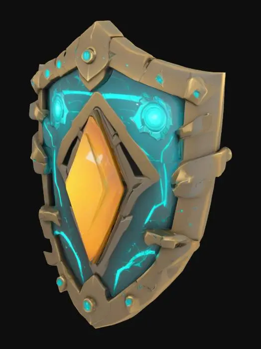 3D model for A stylized 3D model of a beginner shield crafted for a fantasy VR world, designed with chibi-friendly proportions. The shield is shaped like a classic wooden buckler but appears as semi-transparent, fractured digital wood with a dark oak grain rendered in voxel-style segments. Glowing cyan circuit patterns pulse irregularly across the surface, with parts occasionally glitching—flickering, shifting, or momentarily phasing out. The rim is reinforced with flickering bronze bands that warp slightly as if dropped frames. At the center is a glowing blue voxel crystal. The back has virtual straps made of glowing green fiber bands. Designed for a young hero defending themselves in a retro-glitched VR realm. Stylized, Fantasy-Tech, Glitched, Game Asset, Legend of Zelda Inspired, Highly Detailed.