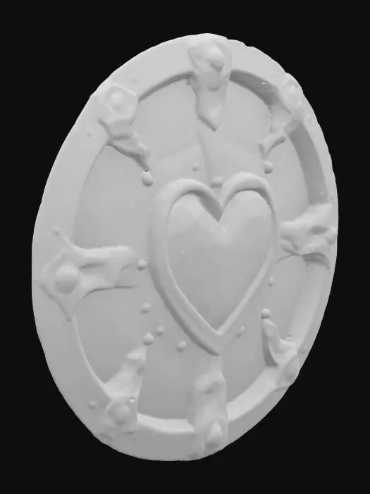 3D model for A stylized 3D model of an upgraded metal shield designed for a young hero in a fantasy adventure game. The shield is circular with a sturdy silversteel face, finely polished and engraved with radiant blue rune patterns that glow softly. The outer rim is reinforced with gold-bronze plating shaped into pixel-inspired notches. At the center lies a large embedded blue crystal that pulses gently, held in place by an ornate socket of arcane metal. The front surface features a raised emblem of a pixelated heart etched in radiant silver. On the back, leather-wrapped handles and adjustable arm straps are secured with bronze studs. Designed with chibi proportions and smooth detailing for use in mid-to-late game progression. Stylized, Fantasy, Game Asset, Legend of Zelda Inspired, Highly Detailed.