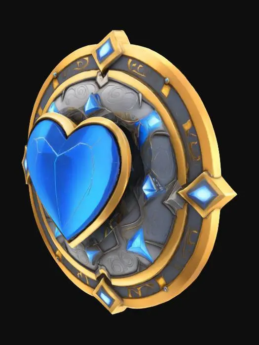 3D model for A stylized 3D model of an upgraded metal shield designed for a young hero in a fantasy adventure game. The shield is circular with a sturdy silversteel face, finely polished and engraved with radiant blue rune patterns that glow softly. The outer rim is reinforced with gold-bronze plating shaped into pixel-inspired notches. At the center lies a large embedded blue crystal that pulses gently, held in place by an ornate socket of arcane metal. The front surface features a raised emblem of a pixelated heart etched in radiant silver. On the back, leather-wrapped handles and adjustable arm straps are secured with bronze studs. Designed with chibi proportions and smooth detailing for use in mid-to-late game progression. Stylized, Fantasy, Game Asset, Legend of Zelda Inspired, Highly Detailed.