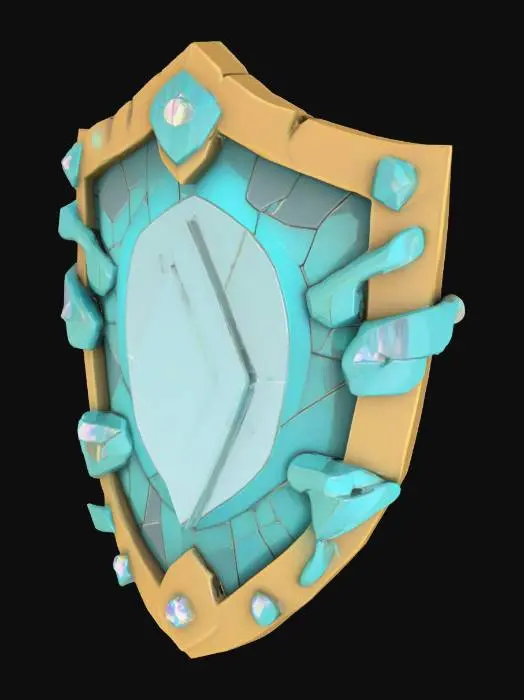 3D model for A stylized 3D model of a beginner shield crafted for a fantasy VR world, designed with chibi-friendly proportions. The shield is shaped like a classic wooden buckler but appears as semi-transparent, fractured digital wood with a dark oak grain rendered in voxel-style segments. Glowing cyan circuit patterns pulse irregularly across the surface, with parts occasionally glitching—flickering, shifting, or momentarily phasing out. The rim is reinforced with flickering bronze bands that warp slightly as if dropped frames. At the center is a glowing blue voxel crystal. The back has virtual straps made of glowing green fiber bands. Designed for a young hero defending themselves in a retro-glitched VR realm. Stylized, Fantasy-Tech, Glitched, Game Asset, Legend of Zelda Inspired, Highly Detailed.