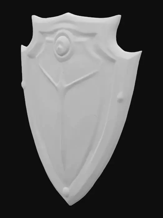 3D model for A stylized 3D model of a high-level mirror shield crafted for a fantasy VR world, with chibi-friendly proportions. The shield has a rounded kite shape with a smooth, highly reflective mirrored front made of segmented crystalline alloy panels. The mirror surface subtly distorts and bends light, with faint glitches such as scanlines, reflection ghosting, and pixel-tearing along the edges. Iridescent glints shimmer across the surface as it moves. The outer rim is edged in radiant gold, with glyphs and arcane patterns.. The back of the shield features semi-transparent holographic arm straps with glowing rune-lock clasps. Designed for a corrupted digital realm. Stylized, Fantasy-Tech, Glitched, Game Asset, Legend of Zelda Inspired, Highly Detailed.