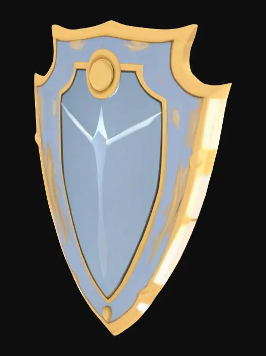 3D model for A stylized 3D model of a high-level mirror shield crafted for a fantasy VR world, with chibi-friendly proportions. The shield has a rounded kite shape with a smooth, highly reflective mirrored front made of segmented crystalline alloy panels. The mirror surface subtly distorts and bends light, with faint glitches such as scanlines, reflection ghosting, and pixel-tearing along the edges. Iridescent glints shimmer across the surface as it moves. The outer rim is edged in radiant gold, with glyphs and arcane patterns.. The back of the shield features semi-transparent holographic arm straps with glowing rune-lock clasps. Designed for a corrupted digital realm. Stylized, Fantasy-Tech, Glitched, Game Asset, Legend of Zelda Inspired, Highly Detailed.
