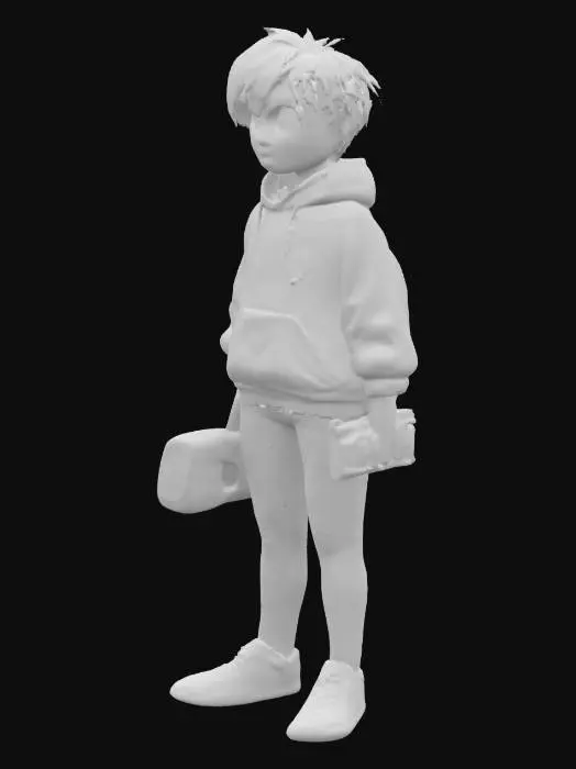 3D model for A stylized 3D model of a modern teenage girl standing in a relaxed A-pose. Wears a slightly oversized lavender hoodie with a pixel-heart patch on the front, dark skinny jeans torn at the knees and worn canvas high-tops. Medium-length, messy hair tied in a loose side ponytail, with soft brown tones and a streak of teal. Expressive green eyes and a thoughtful, slightly curious expression. A pair of wired earbuds hang around her neck, and a handheld game console peeks from her crossbody messenger bag, which is covered in enamel pins. She wears a digital watch and has a few stylized bracelets on one wrist. Designed with smooth cartoon-like proportions, stylized for a chibi-compatible fantasy game. Stylized, Pixar Style, Urban Teen, Pre-Adventure, Game Asset, Full Body, A-Pose.