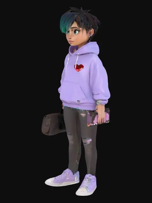 3D model for A stylized 3D model of a modern teenage girl standing in a relaxed A-pose. Wears a slightly oversized lavender hoodie with a pixel-heart patch on the front, dark skinny jeans torn at the knees and worn canvas high-tops. Medium-length, messy hair tied in a loose side ponytail, with soft brown tones and a streak of teal. Expressive green eyes and a thoughtful, slightly curious expression. A pair of wired earbuds hang around her neck, and a handheld game console peeks from her crossbody messenger bag, which is covered in enamel pins. She wears a digital watch and has a few stylized bracelets on one wrist. Designed with smooth cartoon-like proportions, stylized for a chibi-compatible fantasy game. Stylized, Pixar Style, Urban Teen, Pre-Adventure, Game Asset, Full Body, A-Pose.