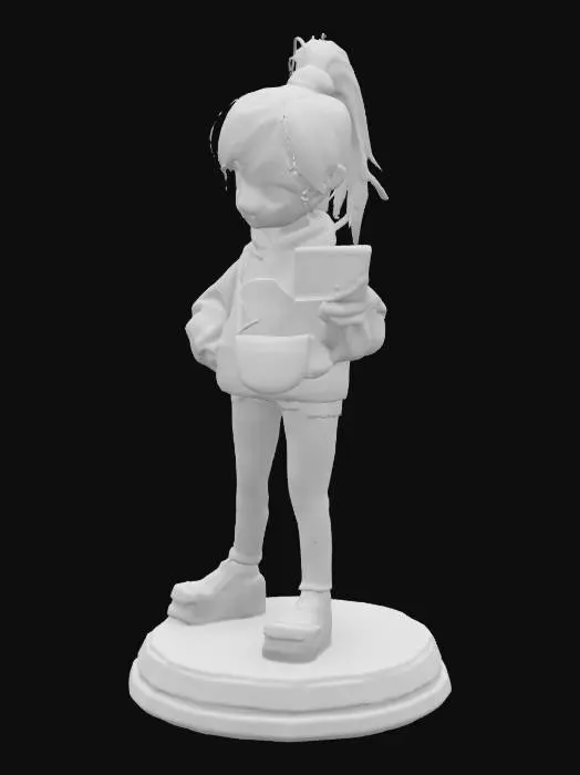 3D model for A stylized 3D model of a modern teenage girl standing in a relaxed A-pose. Wears a slightly oversized lavender hoodie with a pixel-heart patch on the front, dark skinny jeans torn at the knees and worn canvas high-tops. Medium-length, messy hair tied in a loose side ponytail, with soft brown tones and a streak of teal. Expressive green eyes and a thoughtful, slightly curious expression. A pair of wired earbuds hang around her neck, and a handheld game console peeks from her crossbody messenger bag, which is covered in enamel pins. She wears a digital watch and has a few stylized bracelets on one wrist. Designed with smooth cartoon-like proportions, stylized for a chibi-compatible fantasy game. Stylized, Pixar Style, Urban Teen, Pre-Adventure, Game Asset, Full Body, A-Pose.