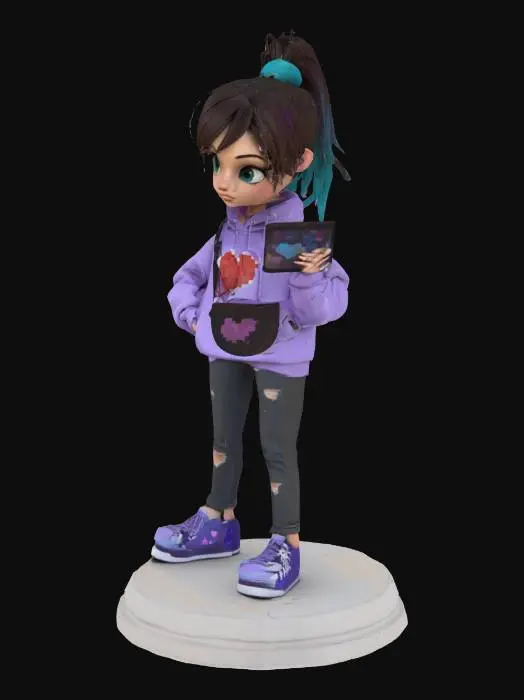 3D model for A stylized 3D model of a modern teenage girl standing in a relaxed A-pose. Wears a slightly oversized lavender hoodie with a pixel-heart patch on the front, dark skinny jeans torn at the knees and worn canvas high-tops. Medium-length, messy hair tied in a loose side ponytail, with soft brown tones and a streak of teal. Expressive green eyes and a thoughtful, slightly curious expression. A pair of wired earbuds hang around her neck, and a handheld game console peeks from her crossbody messenger bag, which is covered in enamel pins. She wears a digital watch and has a few stylized bracelets on one wrist. Designed with smooth cartoon-like proportions, stylized for a chibi-compatible fantasy game. Stylized, Pixar Style, Urban Teen, Pre-Adventure, Game Asset, Full Body, A-Pose.
