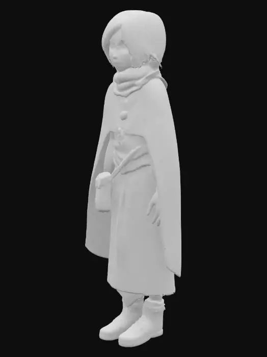 3D model for A stylized 3D model of a young fantasy handmaiden in a thoughtful A-pose, designed for a narrative-driven adventure game. Wears a simple but elegant royal servant outfit: a deep blue-gray travel-worn cloak with frayed edges, a soft cream tunic, a light scarf loosely wrapped at her neck, and a fitted leather satchel resting at her hip. Her boots are scuffed and rugged, suitable for running through forests and ruins. She has expressive bright eyes and a gentle, kind expression. Her chestnut brown hair is tied back loosely, windswept from travel. Around her neck hangs a small pale blue pendant. Design balances warmth and mystery, and her posture conveys quiet strength and emotional depth. Stylized, Fantasy, Game Asset, Pixar Style, Legend of Zelda Inspired, Full Body, A-Pose, Medium Detail.