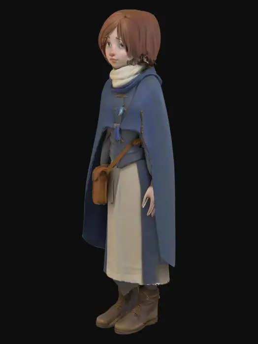 3D model for A stylized 3D model of a young fantasy handmaiden in a thoughtful A-pose, designed for a narrative-driven adventure game. Wears a simple but elegant royal servant outfit: a deep blue-gray travel-worn cloak with frayed edges, a soft cream tunic, a light scarf loosely wrapped at her neck, and a fitted leather satchel resting at her hip. Her boots are scuffed and rugged, suitable for running through forests and ruins. She has expressive bright eyes and a gentle, kind expression. Her chestnut brown hair is tied back loosely, windswept from travel. Around her neck hangs a small pale blue pendant. Design balances warmth and mystery, and her posture conveys quiet strength and emotional depth. Stylized, Fantasy, Game Asset, Pixar Style, Legend of Zelda Inspired, Full Body, A-Pose, Medium Detail.