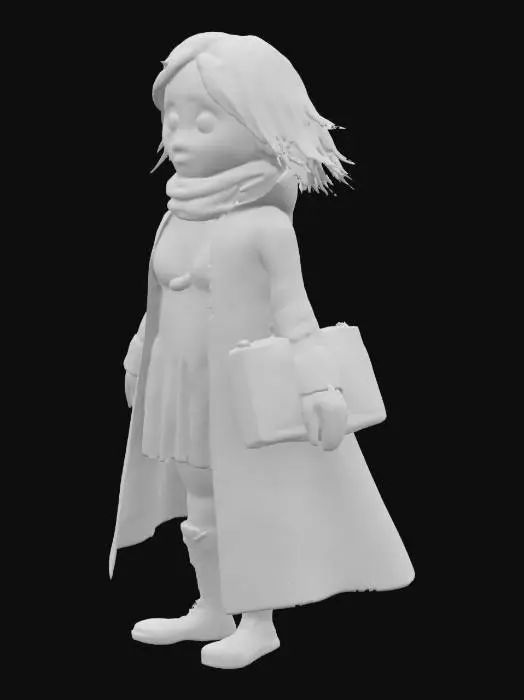 3D model for A stylized 3D model of a young fantasy handmaiden in a thoughtful A-pose, designed for a narrative-driven adventure game. Wears a simple but elegant royal servant outfit: a deep blue-gray travel-worn cloak with frayed edges, a soft cream tunic, a light scarf loosely wrapped at her neck, and a fitted leather satchel resting at her hip. Her boots are scuffed and rugged, suitable for running through forests and ruins. She has expressive bright eyes and a gentle, kind expression. Her chestnut brown hair is tied back loosely, windswept from travel. Around her neck hangs a small pale blue pendant. Design balances warmth and mystery, and her posture conveys quiet strength and emotional depth. Stylized, Fantasy, Game Asset, Pixar Style, Legend of Zelda Inspired, Full Body, A-Pose, Medium Detail.
