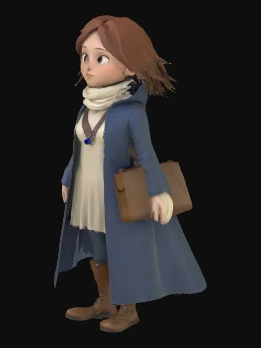3D model for A stylized 3D model of a young fantasy handmaiden in a thoughtful A-pose, designed for a narrative-driven adventure game. Wears a simple but elegant royal servant outfit: a deep blue-gray travel-worn cloak with frayed edges, a soft cream tunic, a light scarf loosely wrapped at her neck, and a fitted leather satchel resting at her hip. Her boots are scuffed and rugged, suitable for running through forests and ruins. She has expressive bright eyes and a gentle, kind expression. Her chestnut brown hair is tied back loosely, windswept from travel. Around her neck hangs a small pale blue pendant. Design balances warmth and mystery, and her posture conveys quiet strength and emotional depth. Stylized, Fantasy, Game Asset, Pixar Style, Legend of Zelda Inspired, Full Body, A-Pose, Medium Detail.