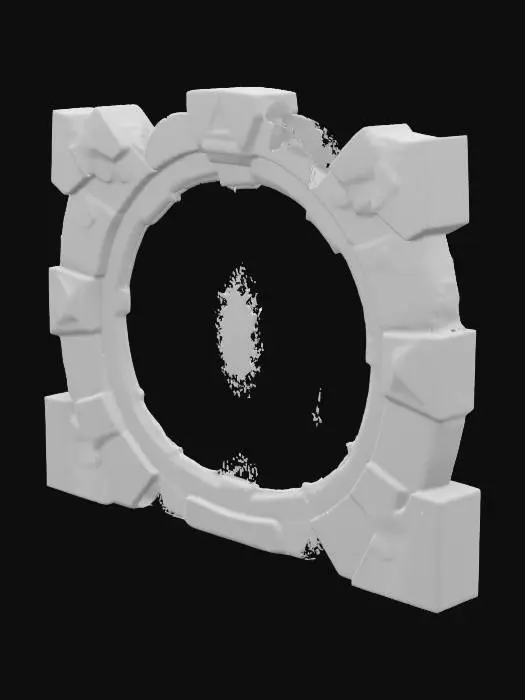 3D model for A stylized 3D model of a glitch-infused portal designed for a fantasy-tech VR game world. The portal structure is a floating circular frame built from fractured stone and metal segments, held together by flickering pixel seams and glowing voxel shards. The outer ring is adorned with etched circuit-glyphs and broken rune engravings, cyan and violet light. Inside the frame is a shimmering static field of pixelated distortion, frozen mid-glitch — like a paused CRT screen with scanlines, interference artifacts, and swirling pixel noise.
Several angular base stones beneath the portal are marked with corrupted runes and chipped glowing glyphs. Designed for stylized world magical-digital world. Stylized, Fantasy-Tech, Glitched, Game Asset, Pixar Style, Highly Detailed, Legend of Zelda Inspired..