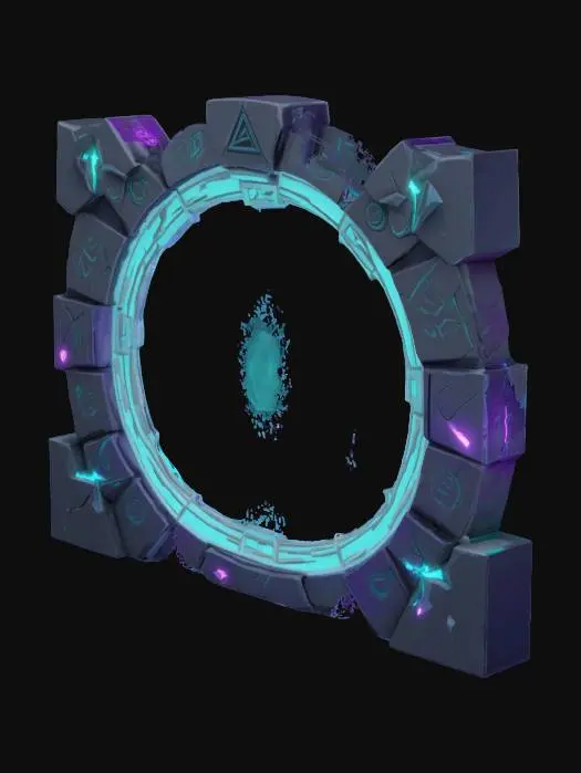3D model for A stylized 3D model of a glitch-infused portal designed for a fantasy-tech VR game world. The portal structure is a floating circular frame built from fractured stone and metal segments, held together by flickering pixel seams and glowing voxel shards. The outer ring is adorned with etched circuit-glyphs and broken rune engravings, cyan and violet light. Inside the frame is a shimmering static field of pixelated distortion, frozen mid-glitch — like a paused CRT screen with scanlines, interference artifacts, and swirling pixel noise.
Several angular base stones beneath the portal are marked with corrupted runes and chipped glowing glyphs. Designed for stylized world magical-digital world. Stylized, Fantasy-Tech, Glitched, Game Asset, Pixar Style, Highly Detailed, Legend of Zelda Inspired..