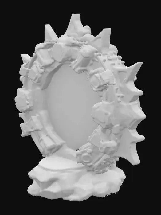 3D model for A stylized 3D model of a corrupted glitch portal, designed for a dark fantasy-tech game world. The portal is a warped, jagged ring of cracked obsidian and rusted metal shards, loosely held together by unstable pixel seams. The structure is uneven, with broken rune fragments and corrupted glyphs that glow dim red and sickly green.
The center of the portal is a roiling void of black static and shattered CRT scanlines, frozen mid-flicker with deep shadows and flickering distortion. 
The base is formed from scorched stone and broken tech components — cables, shattered screens, and charred symbols buried in the rock. Designed to represent a hostile or cursed portal used by dark forces. Stylized, Dark Fantasy-Tech, Glitched, Highly Detailed, Game Asset, Legend of Zelda Inspired.