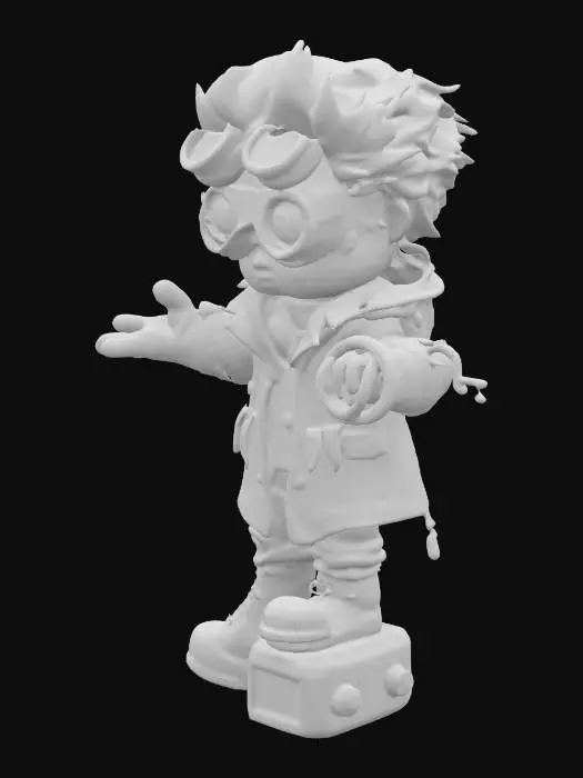 3D model for A stylized 3D model of a quirky, chibi-style inventor NPC. She wears a patchwork coat made of stitched-together timeworn fabrics and digital panels, adorned with tiny gears, dangling wires, and clock hands. One of the goggles is cracked and constantly ticking, the other flickers with faint holograms.
Wild hair flares out like the tails of a clock’s explosion—part gray, part copper, with glowing streaks. Belt is overloaded with chrono-gadgets, hanging tools, and pixelated hourglass charms. Gloves are oversized and metal-plated, each finger tipped with a different interface rune.
She stands with one foot up on a bent device, holding a half-built time-loop key. Her expression is wide-eyed with wonder. Stylized, Fantasy-Tech, Pixar Style, Glitched, Chibi, Game NPC, Highly Detailed, Full Body.