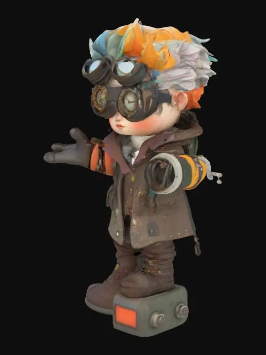 3D model for A stylized 3D model of a quirky, chibi-style inventor NPC. She wears a patchwork coat made of stitched-together timeworn fabrics and digital panels, adorned with tiny gears, dangling wires, and clock hands. One of the goggles is cracked and constantly ticking, the other flickers with faint holograms.
Wild hair flares out like the tails of a clock’s explosion—part gray, part copper, with glowing streaks. Belt is overloaded with chrono-gadgets, hanging tools, and pixelated hourglass charms. Gloves are oversized and metal-plated, each finger tipped with a different interface rune.
She stands with one foot up on a bent device, holding a half-built time-loop key. Her expression is wide-eyed with wonder. Stylized, Fantasy-Tech, Pixar Style, Glitched, Chibi, Game NPC, Highly Detailed, Full Body.