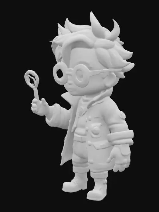 3D model for A stylized 3D model of a quirky, chibi-style inventor NPC. She wears a patchwork coat made of stitched-together timeworn fabrics and digital panels, adorned with tiny gears, dangling wires, and clock hands. One of the goggles is cracked and constantly ticking, the other flickers with faint holograms.
Wild hair flares out like the tails of a clock’s explosion—part gray, part copper, with glowing streaks. Belt is overloaded with chrono-gadgets, hanging tools, and pixelated hourglass charms. Gloves are oversized and metal-plated, each finger tipped with a different interface rune.
She stands with one foot up on a bent device, holding a half-built time-loop key. Her expression is wide-eyed with wonder. Stylized, Fantasy-Tech, Pixar Style, Glitched, Chibi, Game NPC, Highly Detailed, Full Body.