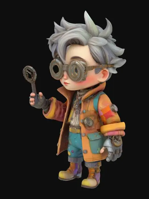 3D model for A stylized 3D model of a quirky, chibi-style inventor NPC. She wears a patchwork coat made of stitched-together timeworn fabrics and digital panels, adorned with tiny gears, dangling wires, and clock hands. One of the goggles is cracked and constantly ticking, the other flickers with faint holograms.
Wild hair flares out like the tails of a clock’s explosion—part gray, part copper, with glowing streaks. Belt is overloaded with chrono-gadgets, hanging tools, and pixelated hourglass charms. Gloves are oversized and metal-plated, each finger tipped with a different interface rune.
She stands with one foot up on a bent device, holding a half-built time-loop key. Her expression is wide-eyed with wonder. Stylized, Fantasy-Tech, Pixar Style, Glitched, Chibi, Game NPC, Highly Detailed, Full Body.