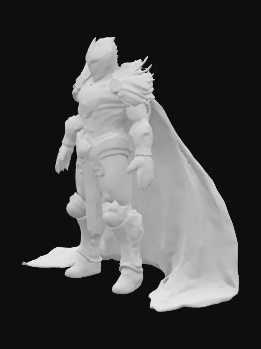 3D model for A stylized 3D model of a towering dark warlord, designed as the main antagonist of a fantasy-tech adventure game. Stands in an imposing A-pose, encased in shattered ceremonial armor fused with obsidian-like demonic growth and glitching red code veins. One arm appears petrified and cracked, with glowing crimson runes creeping up from the gauntlet to his shoulder. His helm covers half his face; the exposed side is distorted, with one CRT-glowing red eye and pixel-tearing scars.
Black tattered cape flows like corrupted shadow, trailing faint black mist and swirling red sigils that spiral off his armor. Designed as a boss enemy with high detail for cinematics. Stylized, Fantasy-Tech, Glitched, Dark Warlord, Legend of Zelda Inspired, Full Body, A-Pose, Game Asset, Highly Detailed.