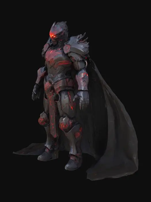 3D model for A stylized 3D model of a towering dark warlord, designed as the main antagonist of a fantasy-tech adventure game. Stands in an imposing A-pose, encased in shattered ceremonial armor fused with obsidian-like demonic growth and glitching red code veins. One arm appears petrified and cracked, with glowing crimson runes creeping up from the gauntlet to his shoulder. His helm covers half his face; the exposed side is distorted, with one CRT-glowing red eye and pixel-tearing scars.
Black tattered cape flows like corrupted shadow, trailing faint black mist and swirling red sigils that spiral off his armor. Designed as a boss enemy with high detail for cinematics. Stylized, Fantasy-Tech, Glitched, Dark Warlord, Legend of Zelda Inspired, Full Body, A-Pose, Game Asset, Highly Detailed.