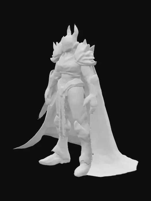 3D model for A stylized 3D model of a towering dark warlord, designed as the main antagonist of a fantasy-tech adventure game. Stands in an imposing A-pose, encased in shattered ceremonial armor fused with obsidian-like demonic growth and glitching red code veins. One arm appears petrified and cracked, with glowing crimson runes creeping up from the gauntlet to his shoulder. His helm covers half his face; the exposed side is distorted, with one CRT-glowing red eye and pixel-tearing scars.
Black tattered cape flows like corrupted shadow, trailing faint black mist and swirling red sigils that spiral off his armor. Designed as a boss enemy with high detail for cinematics. Stylized, Fantasy-Tech, Glitched, Dark Warlord, Legend of Zelda Inspired, Full Body, A-Pose, Game Asset, Highly Detailed.