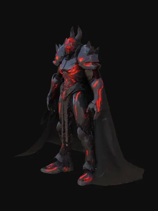 3D model for A stylized 3D model of a towering dark warlord, designed as the main antagonist of a fantasy-tech adventure game. Stands in an imposing A-pose, encased in shattered ceremonial armor fused with obsidian-like demonic growth and glitching red code veins. One arm appears petrified and cracked, with glowing crimson runes creeping up from the gauntlet to his shoulder. His helm covers half his face; the exposed side is distorted, with one CRT-glowing red eye and pixel-tearing scars.
Black tattered cape flows like corrupted shadow, trailing faint black mist and swirling red sigils that spiral off his armor. Designed as a boss enemy with high detail for cinematics. Stylized, Fantasy-Tech, Glitched, Dark Warlord, Legend of Zelda Inspired, Full Body, A-Pose, Game Asset, Highly Detailed.
