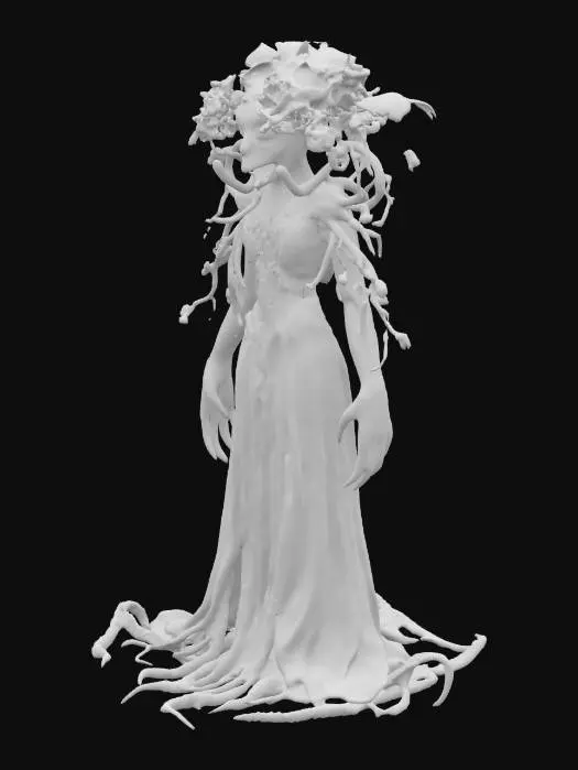 3D model for A stylized 3D model of a monstrous plant queen, designed as a corrupted forest dungeon boss. Towering form combines elegance and decay. Her humanoid shape is draped in wilting floral robes, made of oversized, mold-streaked petals and twisted vines. Her face is mask-like, with cracked bark and luminous green eyes, partially hidden beneath a flowering crown of fungal blooms and poisonous orchids. Her limbs are overgrown with moss and thorny roots, and her left arm ends in a giant, blooming Venus flytrap-like maw that drips with bioluminescent sap.
Creeping tendrils emerge from her back, slowly slithering across the ground. Designed as a toxic nature-themed boss for a corrupted glade or sacred grove. Stylized, Fantasy, Game Asset, Full Body, Highly Detailed, Legend of Zelda.