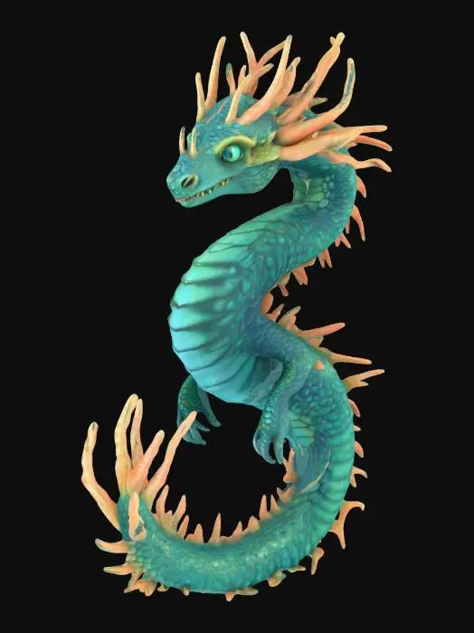 3D model for A stylized 3D model of an ancient sea dragon. The creature has a long, sinuous body covered in barnacle-encrusted dark blue-green scales, ornate coral-like horns branching backward, and glowing bioluminescent lines running along its sides. Its eyes emit a faint teal glow. The tail ends in a spiked fin shaped like kelp leaves. Designed for a fantasy underwater world boss encounter. Stylized, Fantasy, Highly Detailed, Game Asset, Legend of Zelda, League of Legends, World of Warcraft, Full Body, A-Pose, #ocean#