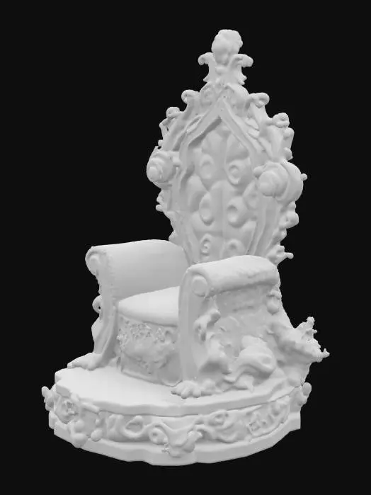 3D model for A stylized 3D model of a majestic throne sculpted from twisting corals in shades of pink, purple, and orange. The backrest features intricate spiral shell patterns and small embedded pearls, with patches of bioluminescent coral adding soft blue highlights. The seat and arms are shaped for a regal merfolk ruler. Designed as a centerpiece environment asset for underwater castles or Atlantean palaces. Stylized, Fantasy, Game Asset, Pixar Style, Highly Detailed. #ocean#