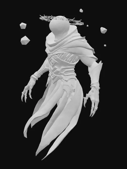 3D model for A stylized 3D model of a teleporting glitch sorcerer designed as an enemy in a fantasy-tech dungeon. Floating, robed figure wrapped in dark, angular cloth covered in shifting red and blue runes. Its head is an orb of swirling static, flickering with scanlines and glitch patterns, framed by a floating, fractured crown of corrupted glyphs. Arms are elongated and end in spindly, clawed hands that crackle with pixelated magic energy. Its robe constantly phases in and out of reality, emitting faint trails of glitch fragments.. Floating data cubes and rune circles orbit their bodies. Designed for a fantasy-tech dungeon as a high-level sorcerer enemy. Stylized, Fantasy, Glitched, Game Asset, Full Body, Highly Detailed, Legend of Zelda, A-Pose.