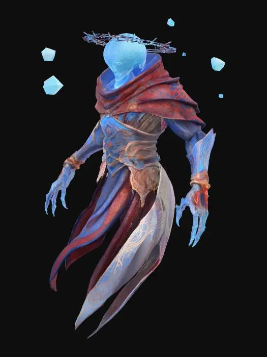 3D model for A stylized 3D model of a teleporting glitch sorcerer designed as an enemy in a fantasy-tech dungeon. Floating, robed figure wrapped in dark, angular cloth covered in shifting red and blue runes. Its head is an orb of swirling static, flickering with scanlines and glitch patterns, framed by a floating, fractured crown of corrupted glyphs. Arms are elongated and end in spindly, clawed hands that crackle with pixelated magic energy. Its robe constantly phases in and out of reality, emitting faint trails of glitch fragments.. Floating data cubes and rune circles orbit their bodies. Designed for a fantasy-tech dungeon as a high-level sorcerer enemy. Stylized, Fantasy, Glitched, Game Asset, Full Body, Highly Detailed, Legend of Zelda, A-Pose.