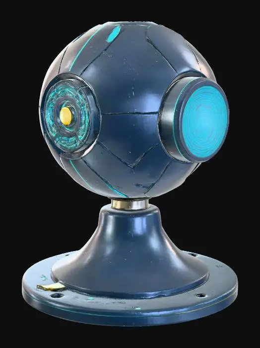 3D model for A sleek turret is comprised of a flat, disc-shaped base in dark navy, from which a compact, rotating sphere emerges. The sphere, also dark navy, is intricately etched with glowing cyan circuit patterns and possesses a small, central yellow emitter that subtly hums. The entire object has a smooth, almost seamless finish, conveying advanced, robust plastic or ceramic materials with internal luminescence.