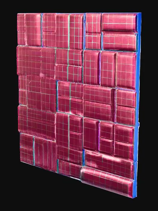 3D model for A straight wall tile, a tall, rectangular panel, is crafted from a deep blue material with precisely defined, glowing cyan edges. Its surface subtly features an embedded wireframe grid pattern, also in cyan, giving it a high-tech, digital texture. The tile feels solid and sturdy, with a smooth, almost frictionless finish, designed for seamless interlocking with other modular pieces.