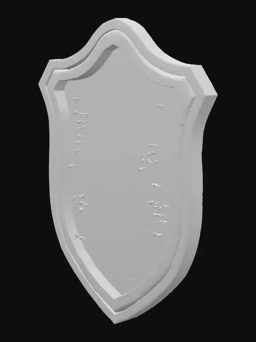 3D model for A shield power-up pickup manifests as a stylized, transparent cyan shield icon, featuring angular, Tron-inspired contours. It glows softly with a consistent cyan light, occasionally accentuated by faint yellow energy pulses that ripple across its surface. The icon floats gracefully and rotates slowly, feeling like solidified, protective energy with a smooth, cool touch.