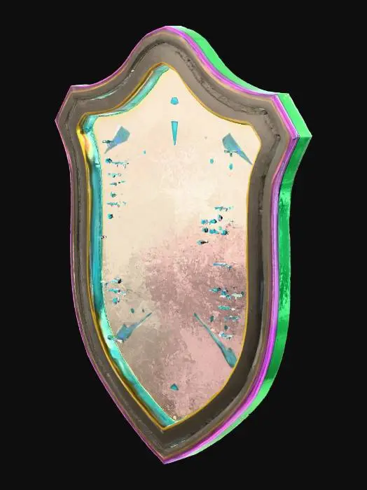 3D model for A shield power-up pickup manifests as a stylized, transparent cyan shield icon, featuring angular, Tron-inspired contours. It glows softly with a consistent cyan light, occasionally accentuated by faint yellow energy pulses that ripple across its surface. The icon floats gracefully and rotates slowly, feeling like solidified, protective energy with a smooth, cool touch.