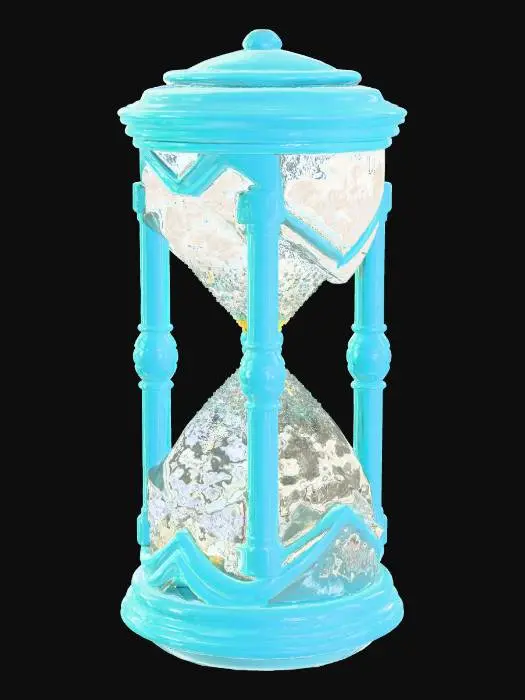 3D model for A slow-mo power-up pickup appears as a stylized clock or hourglass icon, deep cyan in color with intricate, angular lines. Its central mechanism glows with a slow-pulsing yellow light, indicating altered time. The object floats and rotates with deliberate slowness, feeling like a solidified, complex piece of digital tech, conveying a sense of temporal manipulation.