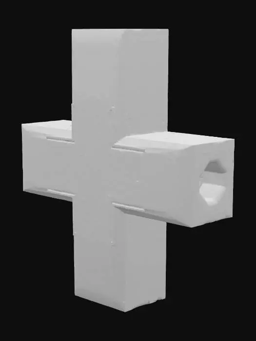 3D model for A T-junction wall tile, a thick, T-shaped panel, is composed of a deep blue material with consistently glowing cyan edges along all three connecting points. Its surface is smooth and flat, with subtle cyan wireframe details embedded within, providing a high-tech, modular aesthetic. The piece feels robust and engineered for exact, stable connections, creating complex pathways.