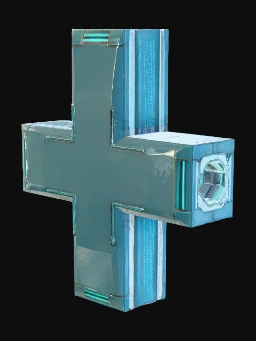 3D model for A T-junction wall tile, a thick, T-shaped panel, is composed of a deep blue material with consistently glowing cyan edges along all three connecting points. Its surface is smooth and flat, with subtle cyan wireframe details embedded within, providing a high-tech, modular aesthetic. The piece feels robust and engineered for exact, stable connections, creating complex pathways.