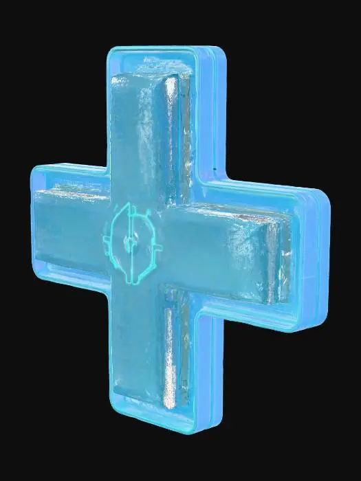 3D model for A T-junction wall tile, a thick, T-shaped panel, is composed of a deep blue material with consistently glowing cyan edges along all three connecting points. Its surface is smooth and flat, with subtle cyan wireframe details embedded within, providing a high-tech, modular aesthetic. The piece feels robust and engineered for exact, stable connections, creating complex pathways.