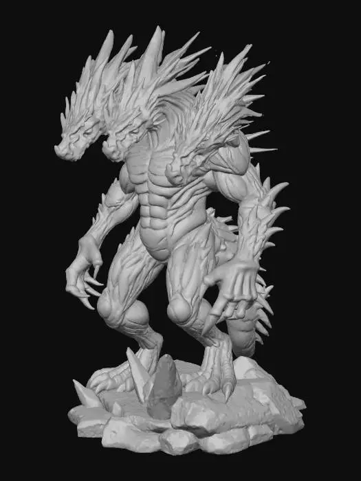 3D model for A stylized three-headed dragon humanoid figure stands powerfully, crafted from a dark, rugged, stone-like material. One head radiates fiery orange energy, appearing molten, while another glows with a sharp, crystalline icy blue. The third head emanates jagged, glitching purple energy. Its robust, armored body is etched with glowing teal circuit-like patterns. The creature features strong, clawed limbs and stands on a broken, rocky base adorned with sharp, translucent purple and blue crystals, suggesting a fusion of elemental power, ancient stone, and futuristic technology.
Stylized, Fantasy, Boss Monster, Hydra, Elemental, Glitched, Game Asset, Highly Detailed, Full Body, Legendary Enemy, Legend of Zelda Inspired