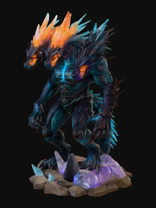 3D model for A stylized three-headed dragon humanoid figure stands powerfully, crafted from a dark, rugged, stone-like material. One head radiates fiery orange energy, appearing molten, while another glows with a sharp, crystalline icy blue. The third head emanates jagged, glitching purple energy. Its robust, armored body is etched with glowing teal circuit-like patterns. The creature features strong, clawed limbs and stands on a broken, rocky base adorned with sharp, translucent purple and blue crystals, suggesting a fusion of elemental power, ancient stone, and futuristic technology.
Stylized, Fantasy, Boss Monster, Hydra, Elemental, Glitched, Game Asset, Highly Detailed, Full Body, Legendary Enemy, Legend of Zelda Inspired