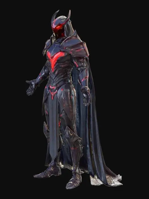 3D model for A stylized dark warlord clad in obsidian armor infused with glitching red code. One eye glows like a CRT, the other is a deep void. Black tattered cape, jagged sword with pixelation effects. Stylized, Fantasy, Game Asset, Full Body, A-Pose.

#villain#